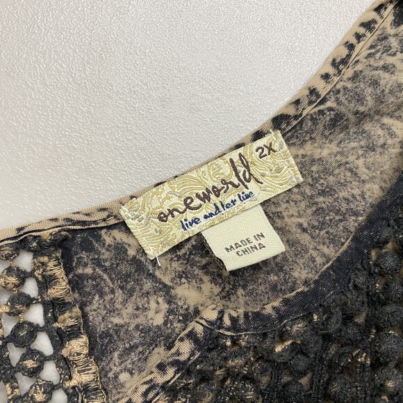 One World Blouse Womens 2X Black Beige Boho Crochet Trim Fairy Grunge Neutral - Picture 14 of 15